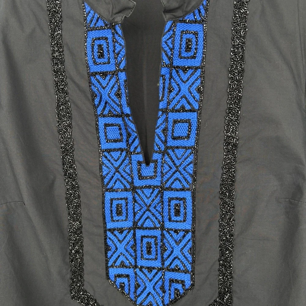 Tory Burch Cotton Tunic‎ Blue Black Embroidered Beaded Boho Top Size 6